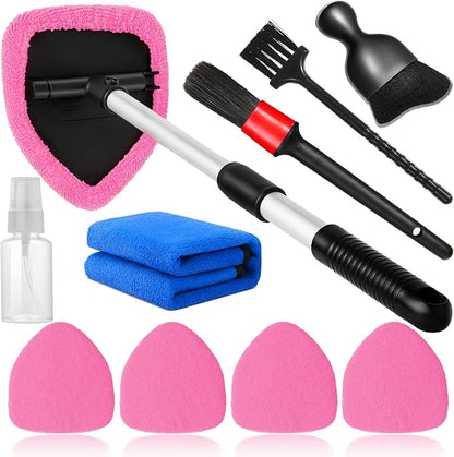 Qydipclin 10pcs Windshield Cleaning Tool Inside Car Window Cleaner Wash Kit with 4 Reusable Microfiber Pads 1 Spray Bottle and Extendable Handle Interior Auto Glass Wiper Kit, Pink