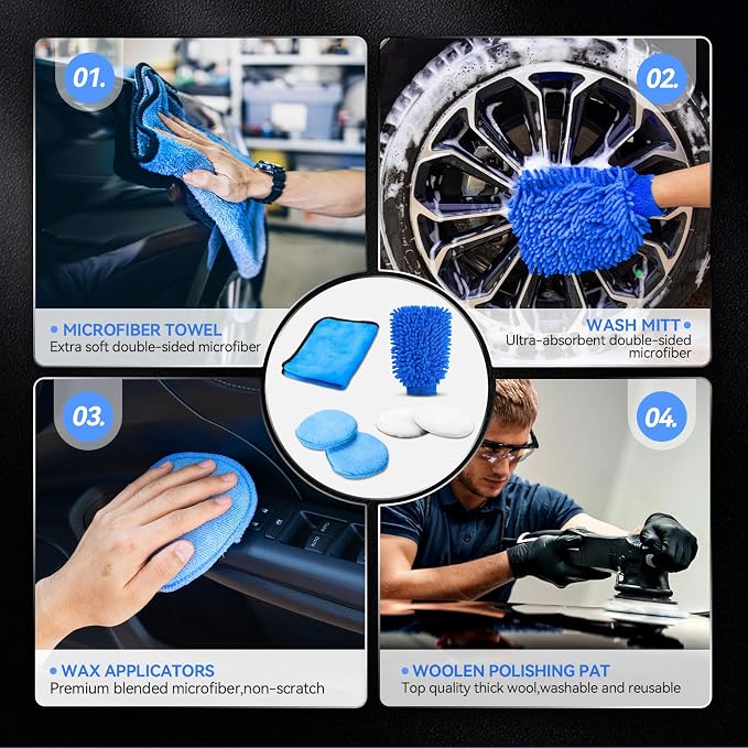 COOGEO 21Pcs Car Detailing Kit,Compelete Car Cleaning Kits Interior Cleaner with Detailing Brushes,Car Wash Kit with Cleaning Gel,Wash Mitt, Car Care Gift for Men
