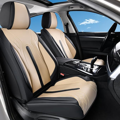 Huidasource Front Seat Covers, Universal Fit for Most Cars SUV Trucks, Full Coverage Nappa Leather Seat Cover, Airbag, Velcro Adjustable, Seat Function Retain, Black&Beige