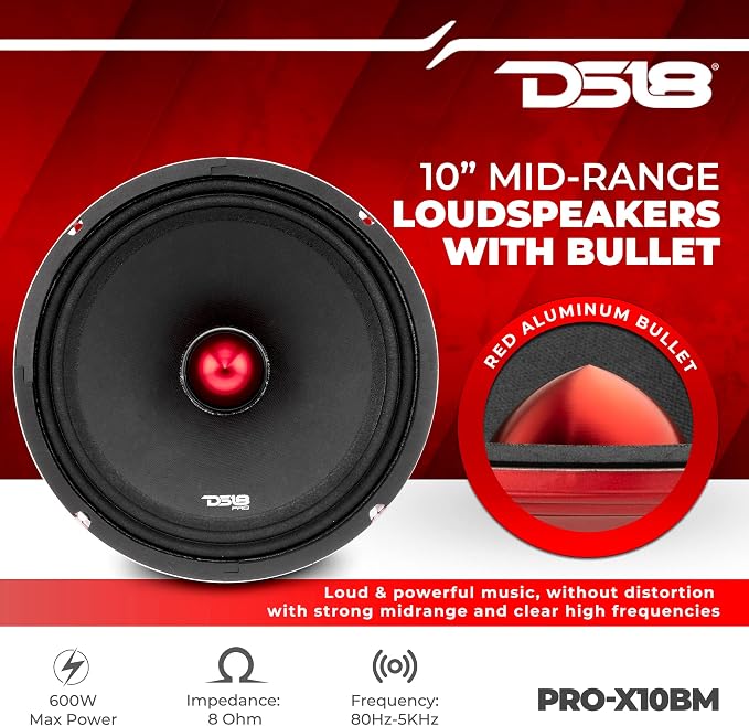 DS18 PRO-X10BM Loudspeaker - 10", Midrange, Red Aluminum Bullet, 600W Max, 300W RMS, 8 Ohms - Premium Quality Audio Door Speakers for Car or Truck Stereo Sound System (1 Speaker)