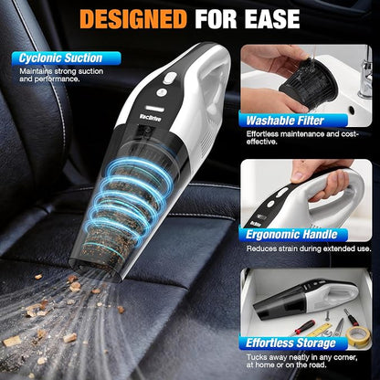 Handheld Vacuum Cordless, Ultra-Strong Suction Car Vacuum Portable Cordless, Rechargeable Hand Held Car Vacuum Cleaner High Power with Multi-Nozzles & Washable Filter for Car, Home, Pets, White&Black