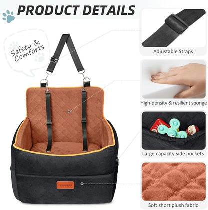 HEGGCOOE Small Dog Car Seat, Memory Foam Dog Booster Seats with Thick Cushion for Medium Dogs Under 35lbs, Detachable Washable Pet Car Seat Travel Bed with Storage Pockets,2 Safety Belts