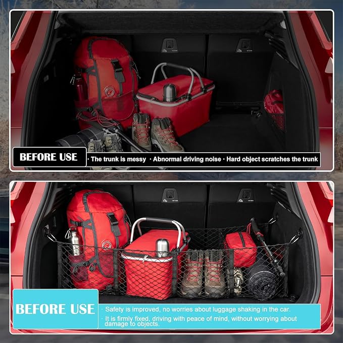 Cargo Net for Car, Expandable 4 Pocket Heavy-Duty Cargo Net Organizer, Black Mesh Storage Pocket with 4 Metal Carabiners Universal for Car, SUV, Pickup Truck, Van Trunk Bed- 51.2” x 11.8”