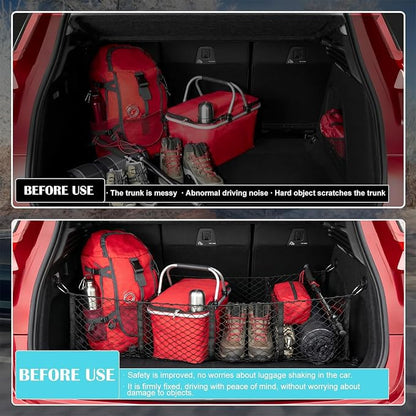 Cargo Net for Car, Expandable 4 Pocket Heavy-Duty Cargo Net Organizer, Black Mesh Storage Pocket with 4 Metal Carabiners Universal for Car, SUV, Pickup Truck, Van Trunk Bed- 51.2” x 11.8”