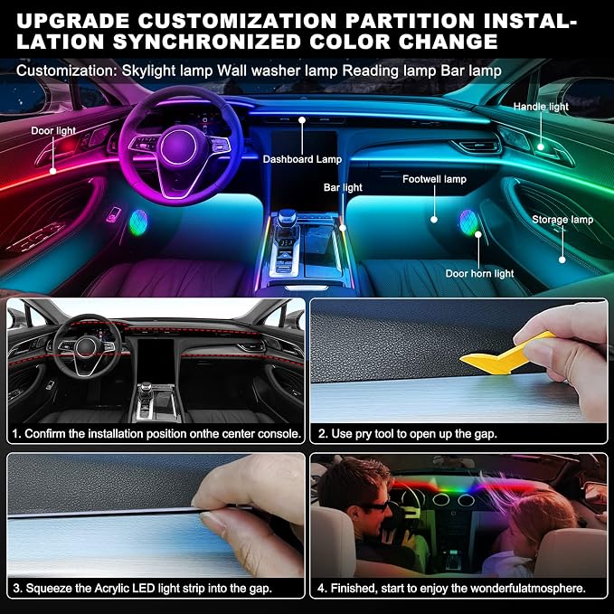 Dreamcolor Acrylic Interior Car LED Strip Light with Wireless APP, RGB 22 in 1 with 175 inches 612 LEDs Fiber Optic Strip Lights for Car, Dual Zone Symphony Neon Car Ambient Lighting