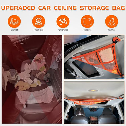 3 Handles Car Ceiling Cargo Net for Inside Car Roof,Interior Mesh Storage,Truck SUV Travel Long Road Trip Camping Interior Accessories 35.4"x25.6",Orange