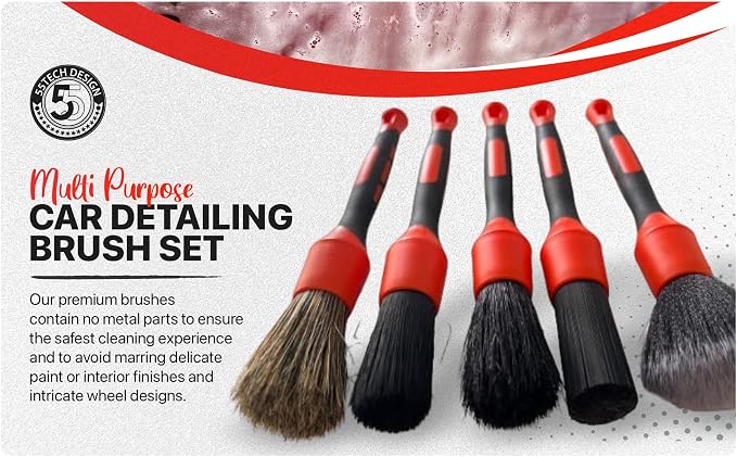 Preimum Car Detailing Brush Set - 5 Pack Auto Detail Kit for Automotive, Soft to Firm Brushes for Cleaning and Polishing for Interior, Exterior, Dashboard, Wheel Rims, Air Vent, Seat, car wash