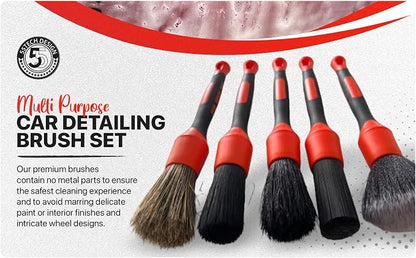 Preimum Car Detailing Brush Set - 5 Pack Auto Detail Kit for Automotive, Soft to Firm Brushes for Cleaning and Polishing for Interior, Exterior, Dashboard, Wheel Rims, Air Vent, Seat, car wash