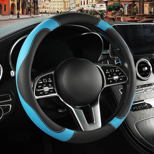 Leather Auto Car Steering Wheel Cover Anti-Slip Heavy Duty, Elegant, Non-tonix, Universal 15 Inch, Black&Blue