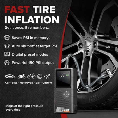 Jump Starter with Air Compressor, Portable Car Battery Booster for Dead Batteries, 150 PSI Tire Inflator – Starts Up to 6.5L Gas / 3.5L Diesel Engines, Power Bank, LED Display – DSMDAutos