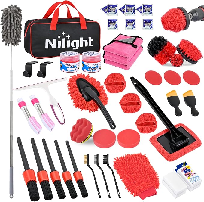 Nilight 52PCS Car Detailing Kit Auto Cleaning Tools Wash Set with Storage Carry Bag Home Use for Interior Exterior Deep Clean Polish Car Care Windshield Dashboard Seat Air Vents Wheels Tires, Red