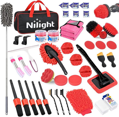 Nilight 52PCS Car Detailing Kit Auto Cleaning Tools Wash Set with Storage Carry Bag Home Use for Interior Exterior Deep Clean Polish Car Care Windshield Dashboard Seat Air Vents Wheels Tires, Red