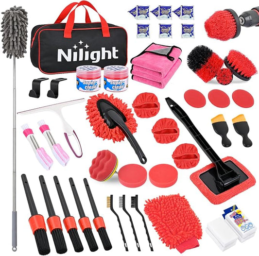 Nilight 52PCS Car Detailing Kit Auto Cleaning Tools Wash Set with Storage Carry Bag Home Use for Interior Exterior Deep Clean Polish Car Care Windshield Dashboard Seat Air Vents Wheels Tires, Red