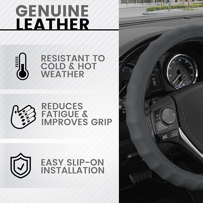 BDK SW-899-MG Genuine Leather Car Steering Wheel Cover 14.5-15 inch Medium/Gray, Easy Installation