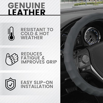 BDK SW-899-MG Genuine Leather Car Steering Wheel Cover 14.5-15 inch Medium/Gray, Easy Installation
