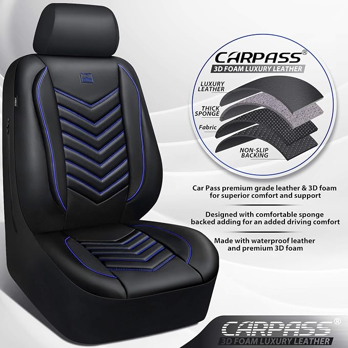 CAR PASS 3D Foam Faux Leather Seat Covers Front Seats,Waterproof Leather Front Seat Cover for Car,Universal Fit for SUV Truck Sedan Automotive,Armrest Airbag Compatible Anti-Slip, Black and Blue