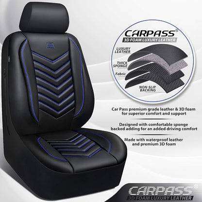 CAR PASS 3D Foam Faux Leather Seat Covers Front Seats,Waterproof Leather Front Seat Cover for Car,Universal Fit for SUV Truck Sedan Automotive,Armrest Airbag Compatible Anti-Slip, Black and Blue