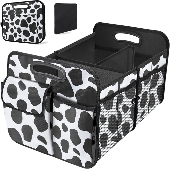 Trunk Organizer for Car, 72L Collapsible Waterproof Car Organizers and Storage, Car Accessories for Women and Men, Multi-Compartment Storage Organizer for SUV, Cow Print