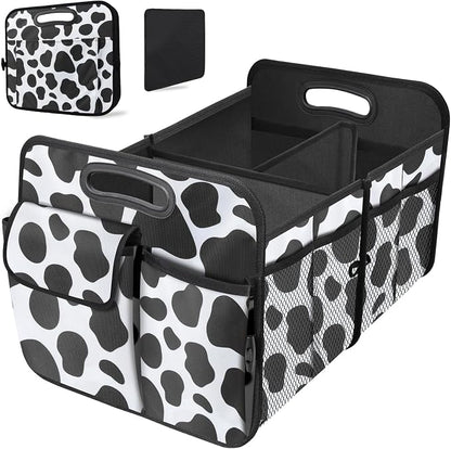 Trunk Organizer for Car, 72L Collapsible Waterproof Car Organizers and Storage, Car Accessories for Women and Men, Multi-Compartment Storage Organizer for SUV, Cow Print