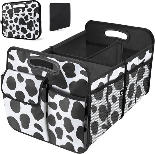 Trunk Organizer for Car, 72L Collapsible Waterproof Car Organizers and Storage, Car Accessories for Women and Men, Multi-Compartment Storage Organizer for SUV, Cow Print