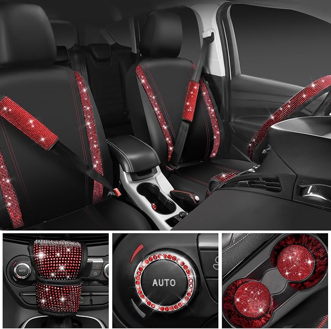 CAR PASS Leather Red Diamond Seat Cover Set, 11pcs Including Steering Wheel & Gear Cover, for Women, Universal Fit