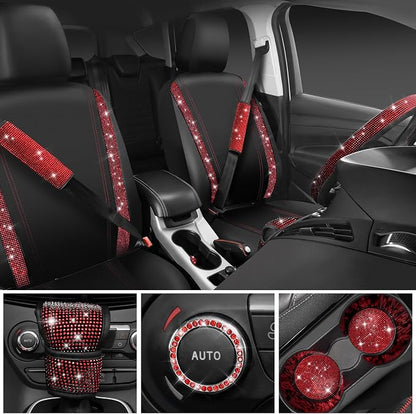 CAR PASS Leather Red Diamond Seat Cover Set, 11pcs Including Steering Wheel & Gear Cover, for Women, Universal Fit
