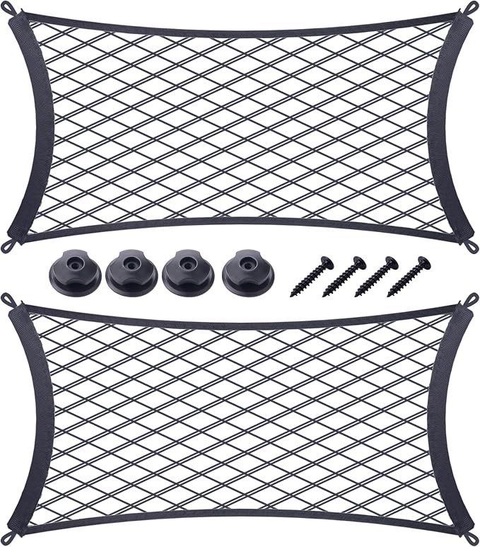 JINGKE 2 Pcs Small Cargo Net Pocket Elastic Mesh Netting Car Mesh Pouch with Screws and Hooks for Trunk RV Boats Home Cargo Storage (17.7'' x 9.8'')