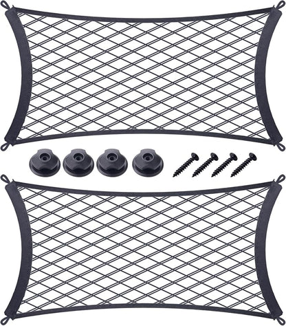 JINGKE 2 Pcs Small Cargo Net Pocket Elastic Mesh Netting Car Mesh Pouch with Screws and Hooks for Trunk RV Boats Home Cargo Storage (17.7'' x 9.8'')