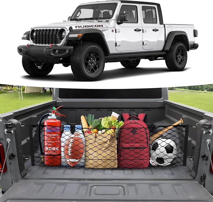Canvcle Trunk Cargo Net for 2020-2026 Jeep Gladiator Accessories Envelope Style Mesh Trunk Net Organizer and Storage Stretchable Adjustable Elastic Nylon Rear Cargo Netting with Hooks