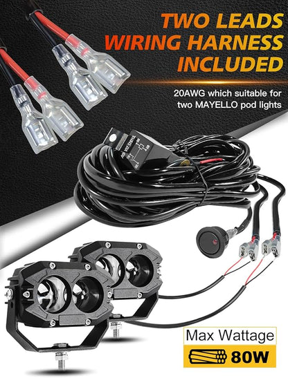 MAYELLO 4-Inch LED Pod Light - 60W Square, Spot Lens Beam, Offroad/Fog, Wiring Harness for Wrangler, Truck, SUV, ATV, UTV, Car, Boat