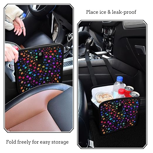 Car Trash Can Organizer Bin with Adjustable Strap for Back Front Seat Console Waterproof Leakproof Collapsible Portable 8.66 Inch Vibrant Rainbow Stars