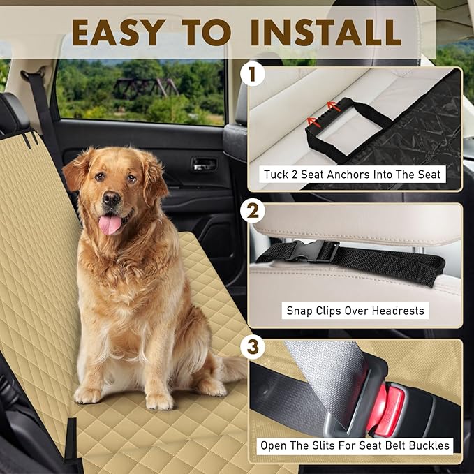 NECKORY Backseat Cover for Dogs, Waterproof and Non-Slip Pet Bench Seat Covers, Car Seat Protector for Back Seat, Universal Size Rear Car Seat Cover Fits Cars, Trucks and SUVs, L-Khaki&Black