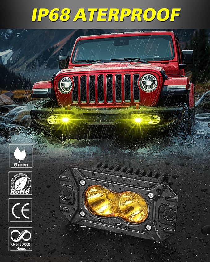 Yellow Flush Mount LED Pods, AKD Part Spot CREE LED Flush Mount Fog Lights 40W Yellow Chase Lights Bumper Driving Backup Reverse Light Pods for Trucks Pickup SUV UTV ATV Snowmobile