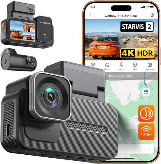 WOLFBOX X5 3 Channel 4K HDR Dash Cam, STARVIS 2 IMX678 8MP Night Vision, 4K+2.5K+1080P Front and Rear Inside Car Camera GPS, Support Voice Control,Touch Screen and 5.8GHz WiFi (Card Not Included)