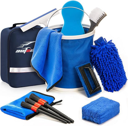 12Pcs Boat Wash Cleaning Kit with Collapsible Bucket Wash Sponge Mitt Microfiber Towel Squeegee Scrub Pads Brushes Complete Interior Exterior Cleaning Set for Boat