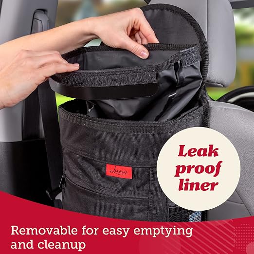 Lusso Gear Spill-Proof Car Trash Can (2 Pack) - Easy to Clean Hanging Garbage Bin - Leak-Proof, Removable Liner, Waterproof - Keeps Truck, SUV, Car, Minivan Clean & Odor Free (Black, Red Stitching)