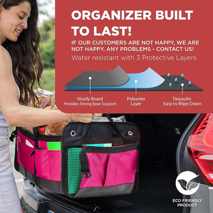 TRUNKCRATEPRO Pink Car Accessories For Women, Trunk Organizer For Car, Suv, Jeep Premium Adjustable Multi Compartments Collapsible (Large Capacity)