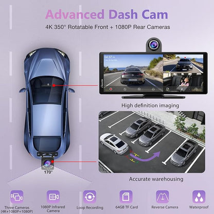 CarpurideW903S3 9.33 Inch HD Wireless Carplay & Android Auto Screen, 4K Front + Wired 1080P Rear + Infrared Camera, with Loop Recording, Bluetooth, GPS, FM, Super Link, 64GB TF