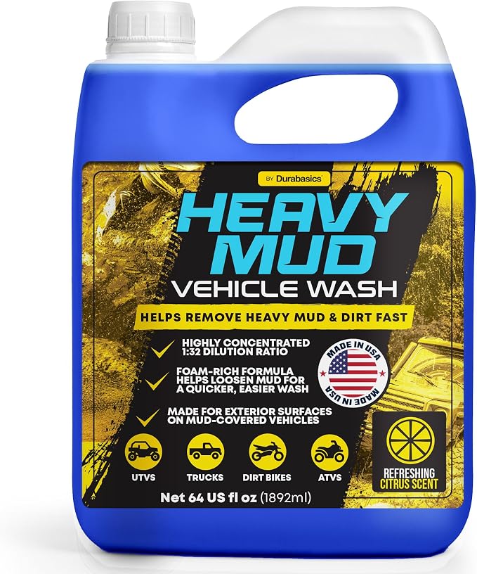 Durabasics Heavy Mud Wash – Highly Concentrated 1:32 Ratio, Thick Foam Car Wash Soap & ATV Cleaner for Trucks, UTV Cleaner, Dirt Bikes & RVs – Works with Foam Cannons & Bucket Washes – 64 fl oz