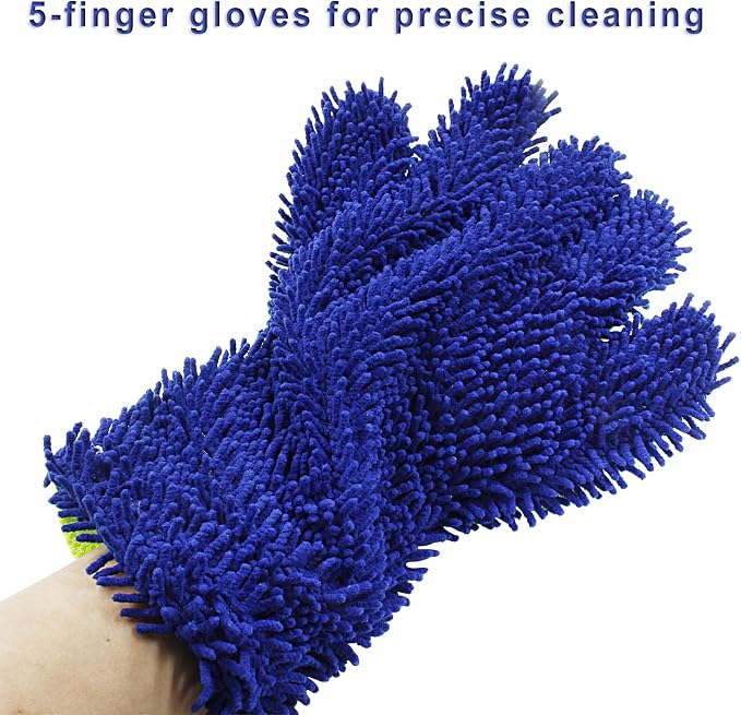 BokWin 2-Pack Car Wash Mitt Scratch Free, 5-Finger Microfiber Wash Mitts, Car Interior Exterior Cleaning Gloves, Auto Chenille Washing Sponge Kits for Cleaning Wheel Tight Spot(Blue)