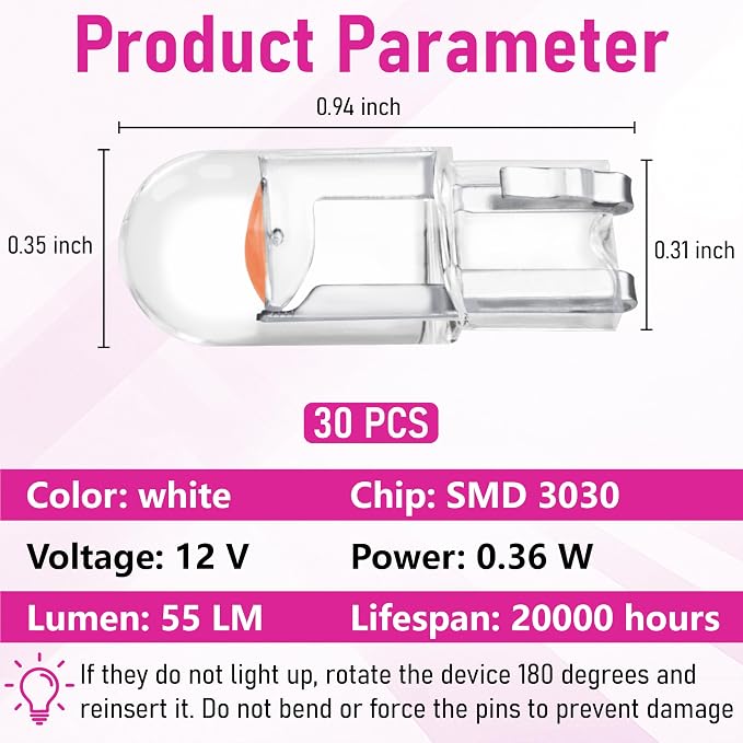 ecocstm 30 PCS Car 194 LED Bulbs, 168 2825 W5W T10 Wedge COB LED Replacement Bulb, Error Free Interior Bulb for Dashboard Light, Dome Lights (Pink Purple)