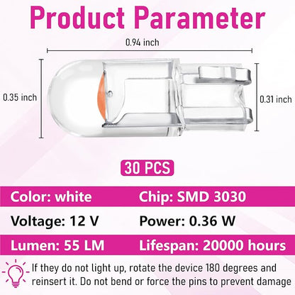 ecocstm 30 PCS Car 194 LED Bulbs, 168 2825 W5W T10 Wedge COB LED Replacement Bulb, Error Free Interior Bulb for Dashboard Light, Dome Lights (Pink Purple)