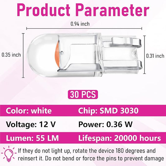 ecocstm 30 PCS Car 194 LED Bulbs, 168 2825 W5W T10 Wedge COB LED Replacement Bulb, Error Free Interior Bulb for Dashboard Light, Dome Lights (Pink Purple)