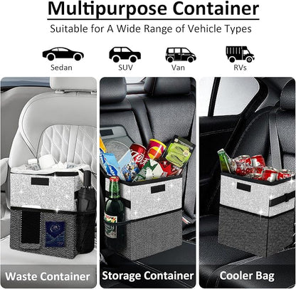 Cute Mini Car Trash Bag with Lid, Glitter Garbage Can Bin Hanging for Back/Front Seat/Console, Waterproof, Leakproof, 2.5 Gallon, Silver Bling Sparkly