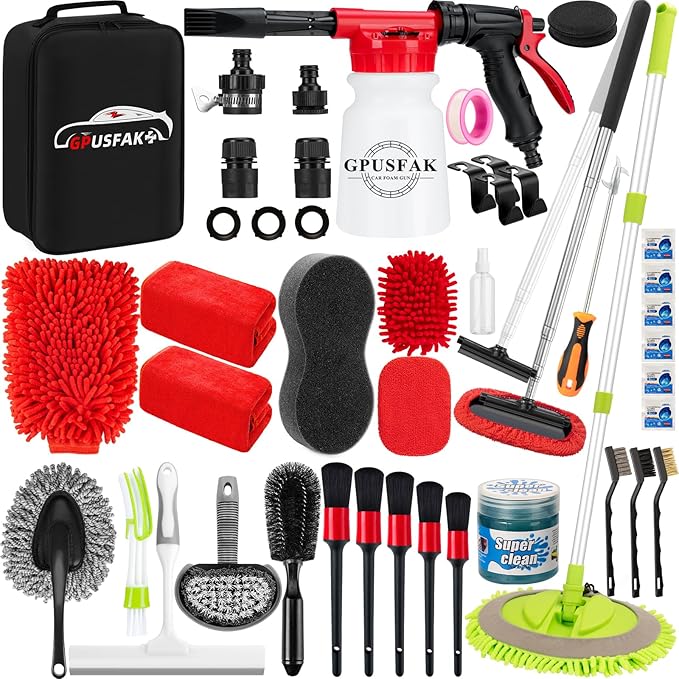 40Pcs Car Wash Cleaning Kit with Foam Gun Sprayer Detailing Brushes Wash Mop Windshield Cleaning Tool Tire Brush Towels Complete Interior Exterior Detailing Set for Car