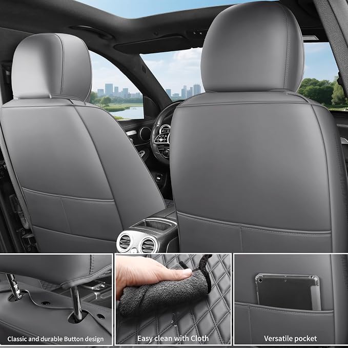 Gray Leather Car Seat Covers Full Set,High-Density Contoured Nappa Leather Universal Precision Fit Seat Cover Solutions,Waterproof Automotive Seat Covers & Accessories,Style1 Gray