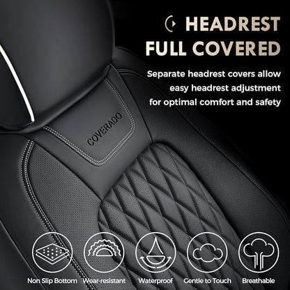 Coverado Premium Leather Front Seat Covers Waterproof Heavy-Duty Protectors Custom Fit for Ford F150 (2015-2026) F250/F350/F450 (2017-2026)-Black w/White Stitching, Wear-Resistant