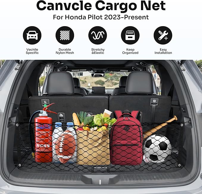 Canvcle Trunk Cargo Net for 2023-2025 2026 Honda Pilot Accessories Envelope Style Mesh Trunk Net Organizer and Storage Stretchable Adjustable Elastic Nylon Rear Cargo Netting with Hooks