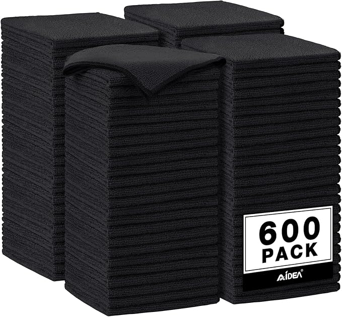 AIDEA Microfiber Cleaning Cloth Black, 600PK, Microfiber Towels for Cars, Shop Towels Cleaning Rags, Premium Wash Cloths, Absorbent Towel for SUVs, House, Kitchen, Commercial, Cleaning Supplies 12×12"