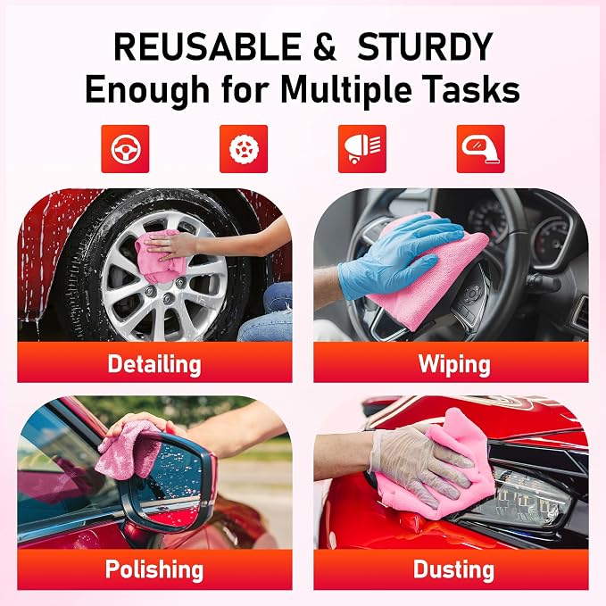 Microfiber Cleaning Cloth Roll, 75 Pack Tear Away Microfiber Towel, Reusable Washable Shop Towels, Lint Free Cleaning Rags for Car Home Kitchen Garage & Automotive 11.5"x11.5" Pink
